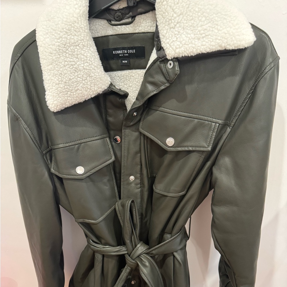 Kenneth Cole Women's Faux Leather Olive Jacket with Sherpa Collar